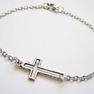 Tiny Cross Bracelet, Sideways Cross Bracelet,..