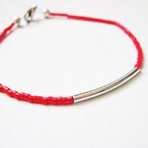 Red Silver Bar Bracelet - Minimalist Jewelry -..