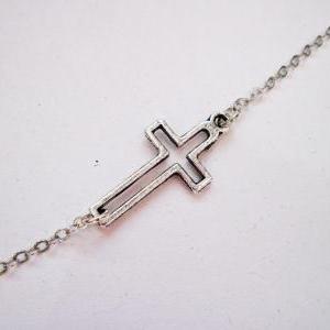 Sideways Cross Necklace, Silver Cross Necklace,..