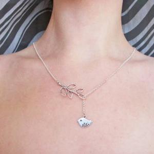 Bird Branch Necklace Silver Lariat, Bird Necklace,..