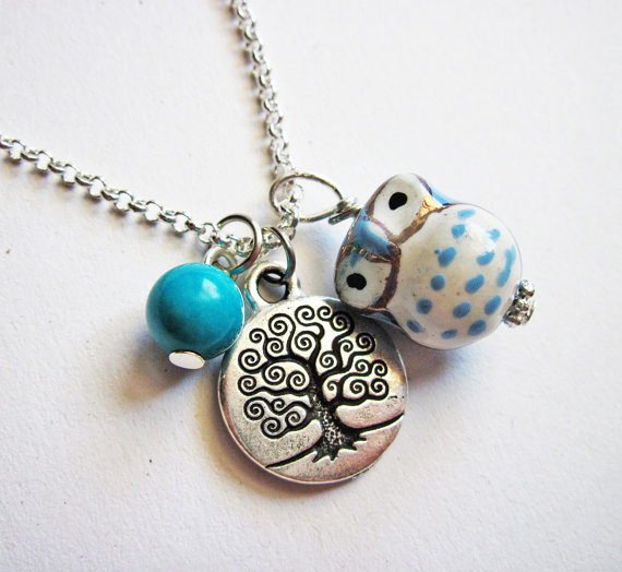 Owl Necklace, Tree Of Life Necklace, Owl Pendant, Owl Jewelry, Turquoise Necklace, Owl Bead, Lovely Owl Necklace, Ceramic Owl Necklace