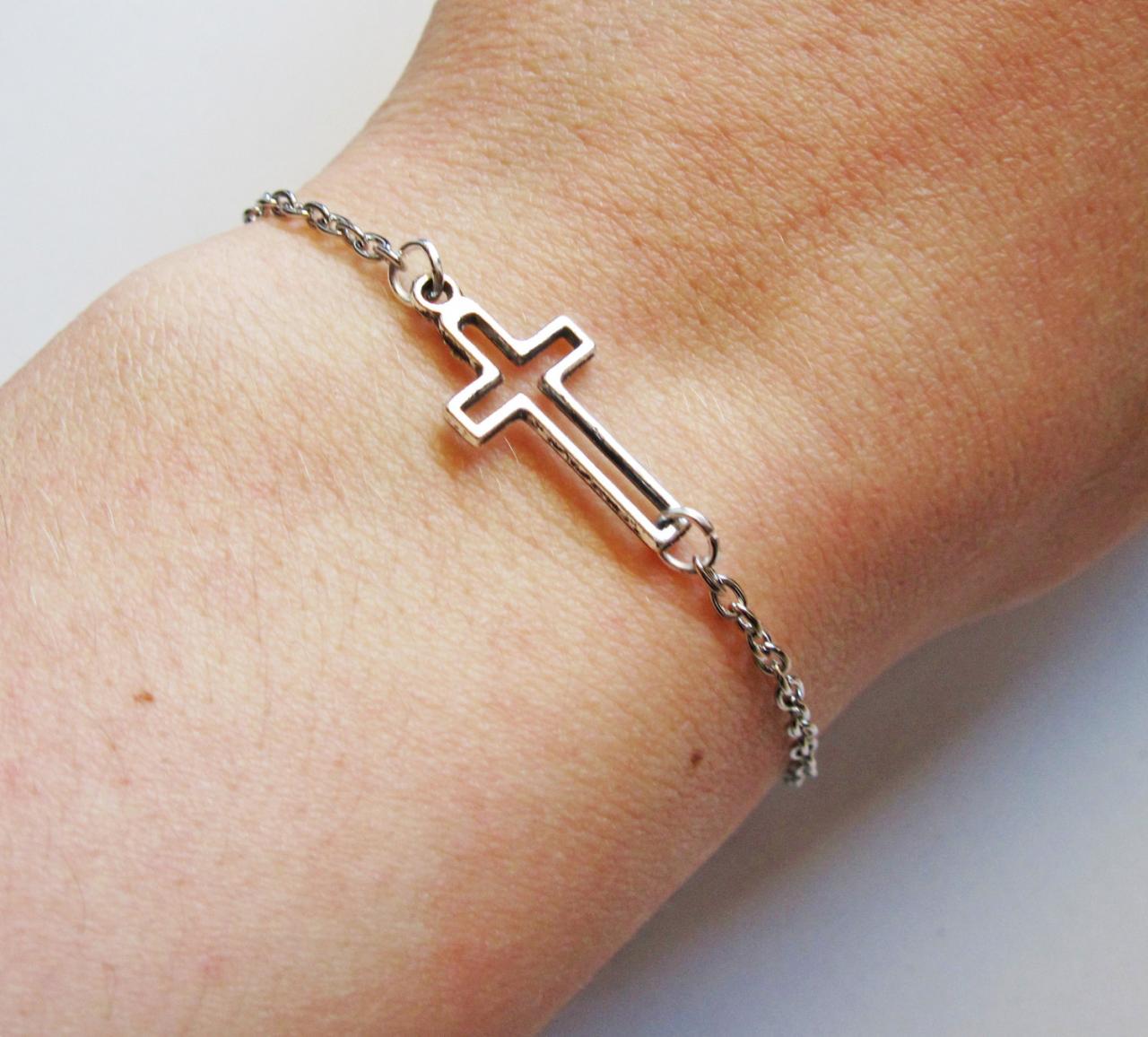 Tiny Cross Bracelet, Sideways Cross Bracelet, Silver Cross Bracelet, Cross Jewelry, Horizontal Cross, Side Ways Cross Bracelet, Open Cross
