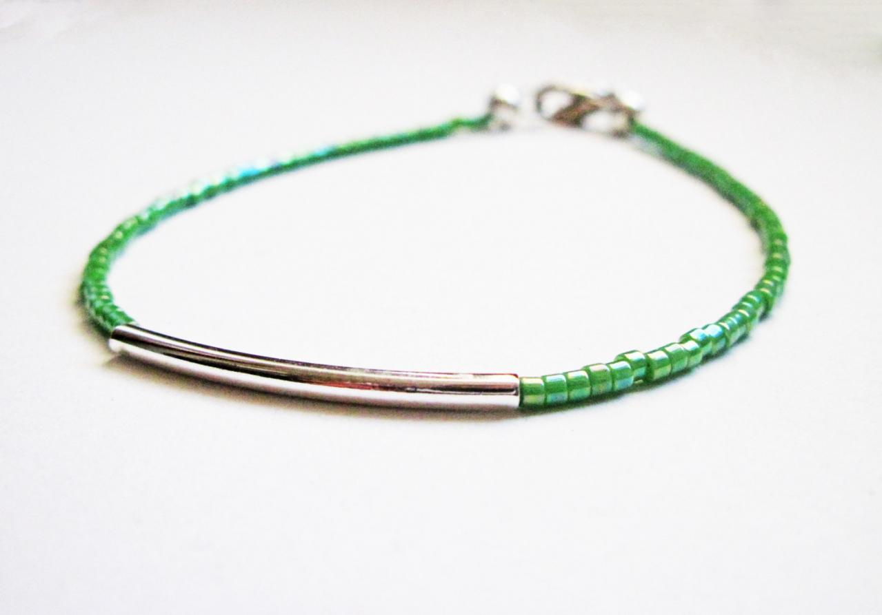 Friendship Bracelet, Silver Bar Bracelet - Minimalist Jewelry - Dainty Bracelet, Gifts For Her Under 15usd, Green Bracelet, Beaded