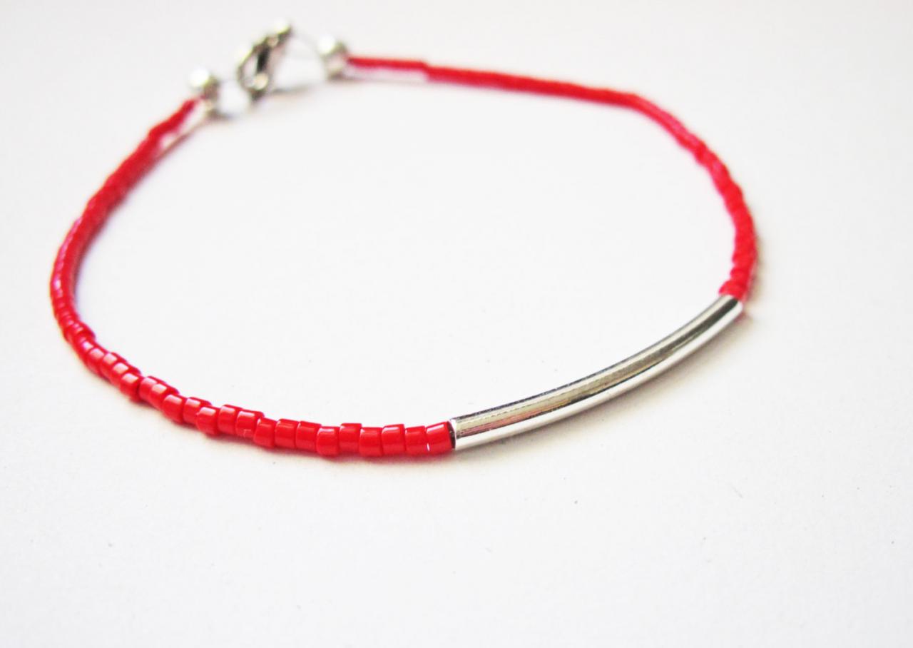 Red Silver Bar Bracelet - Minimalist Jewelry - Friendship Bracelet, Dainty Bracelet, Gifts For Her Under 15usd, Red Bracelet, Beaded