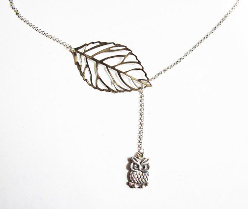 Owl Necklace, Lariat Necklace, Branch Necklace, Leaf Pendant Jewelry, Owl Jewelry, Skeleton Leaf Jewelry, On Silver Plated Chain