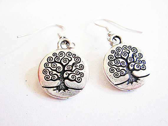 Tree Of Life Earrings, Silver Tree Branches Earrings, Tree Of Life Leaves Earrings, Spiral Branches Earrings, Dangle Metal Charm Earrings