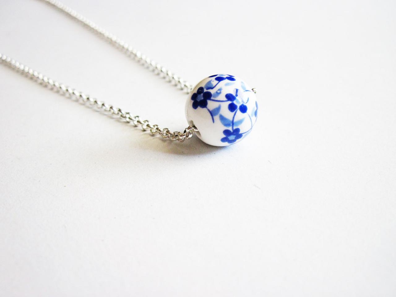 Porcelain Necklace, Solitaire Necklace, Plain Chain, Single Bead On Silver Chain, Japanese Chinese Inspired Necklace, Beaded Necklace, Short