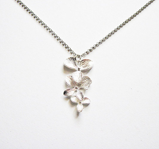 Triple Orchids Necklace, Dangling Necklace, Flowers Necklace - Bridesmaid Gifts, Wedding Jewelry, Flower Girl, Anniversary Gift