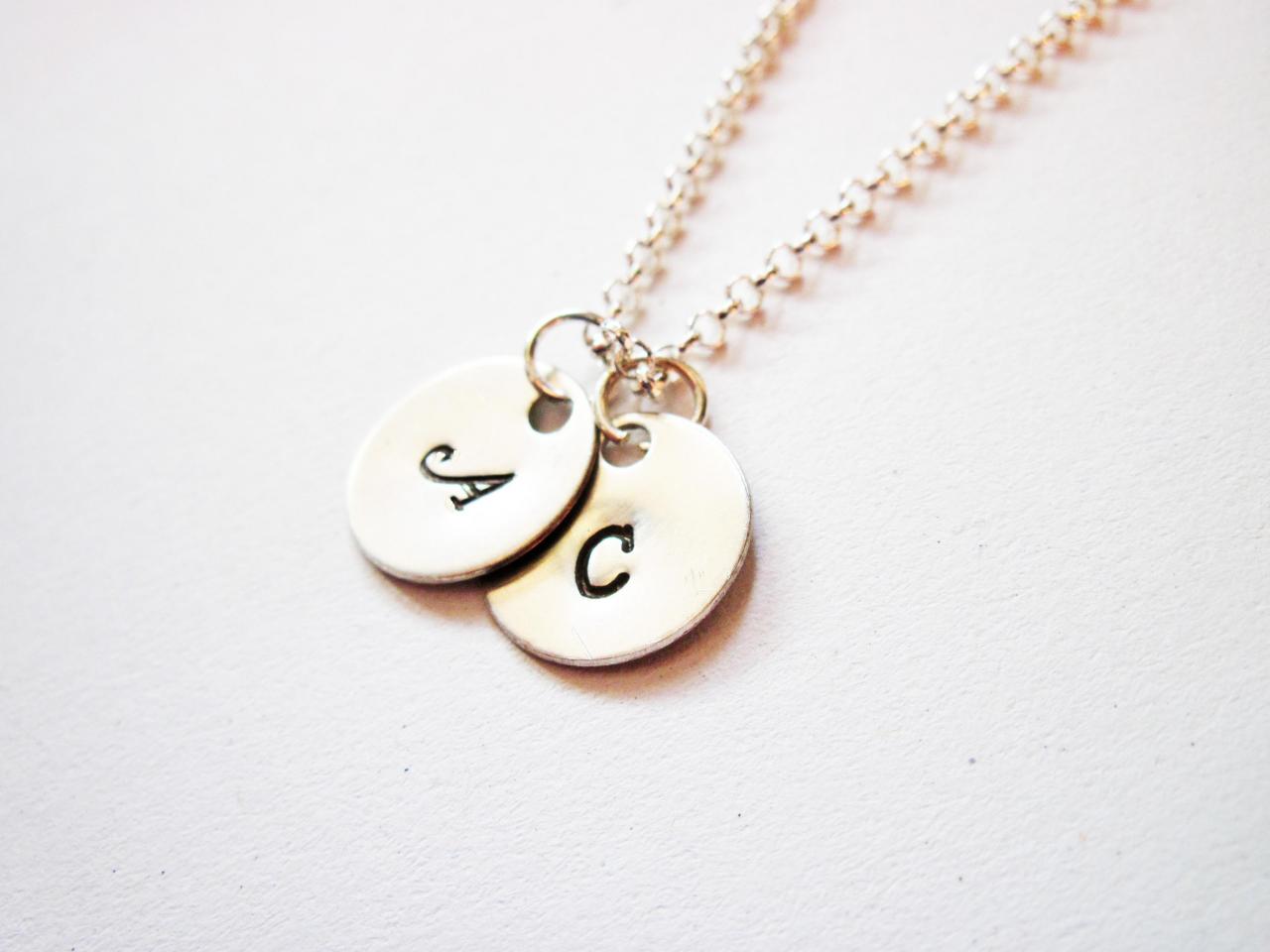 Two Initials Necklace, Two Discs Silver Necklace, Engraved Monogrammed Necklace, Personalized Necklace, Hand Stamped Necklace